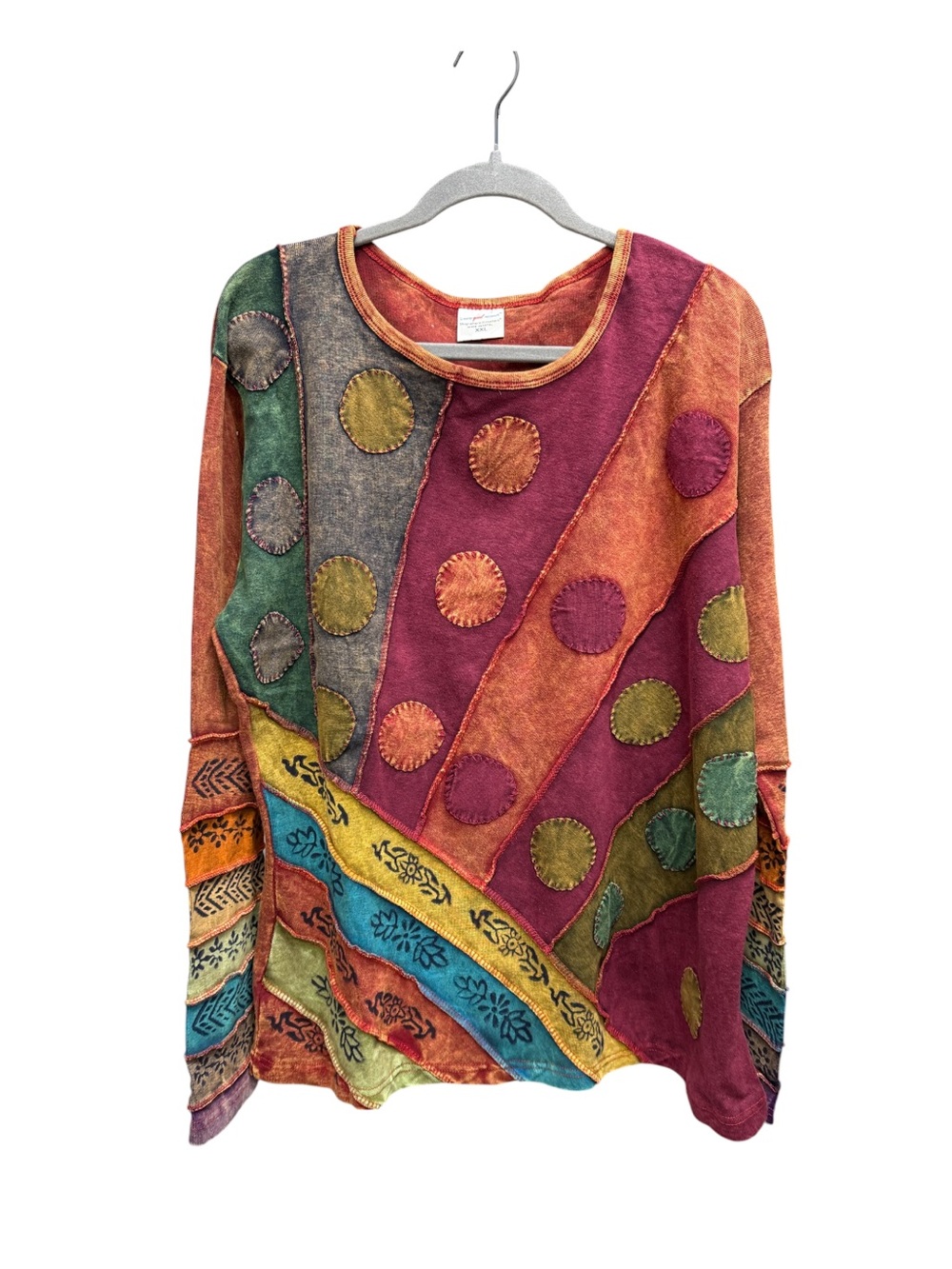 Vintage Boho Patchwork Long Sleeve Top | Acid Wash Polka Dot Art to Wear Sweater